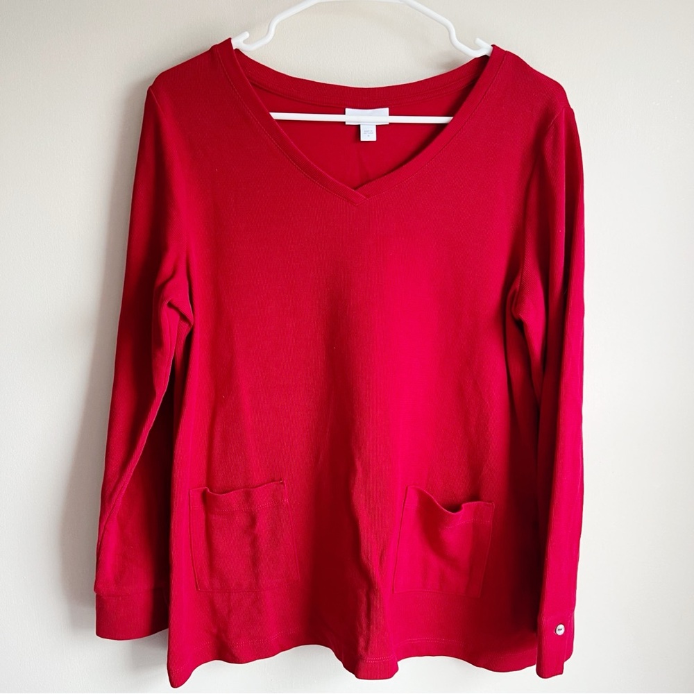 J Jill Red Ribbed V-neck Long Sleeve Blouse